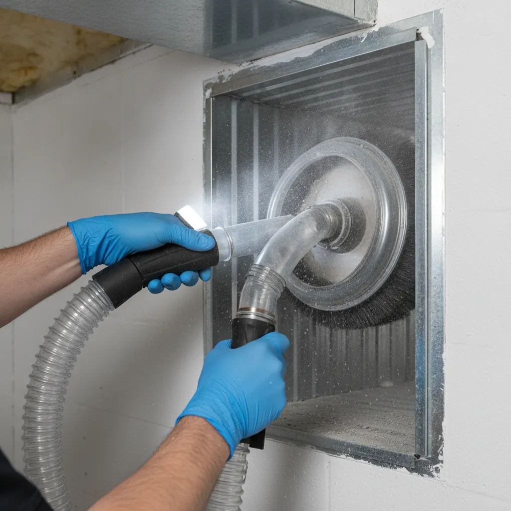 Technician performing residential air duct cleaning in a Dallas home