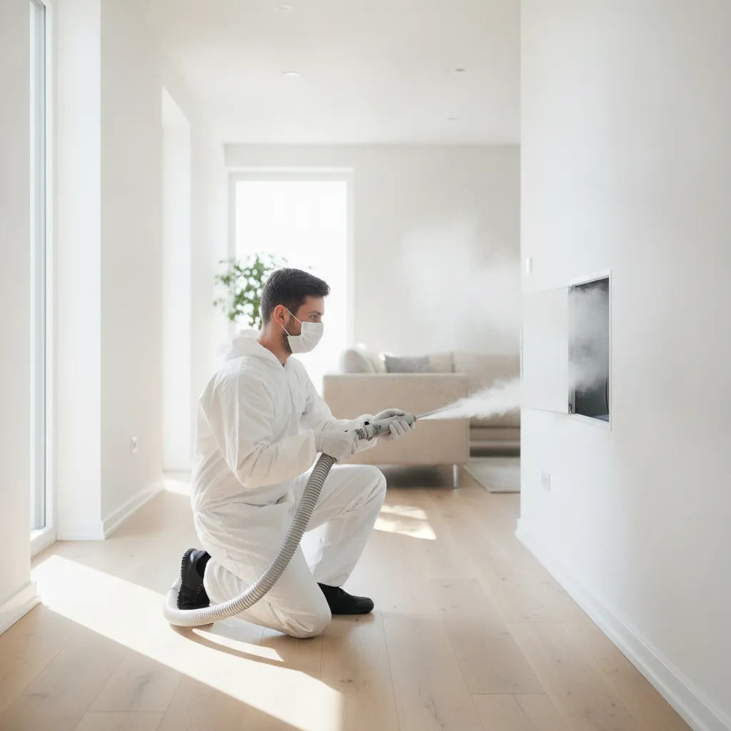 Technician applying sanitizing treatment to a home HVAC system