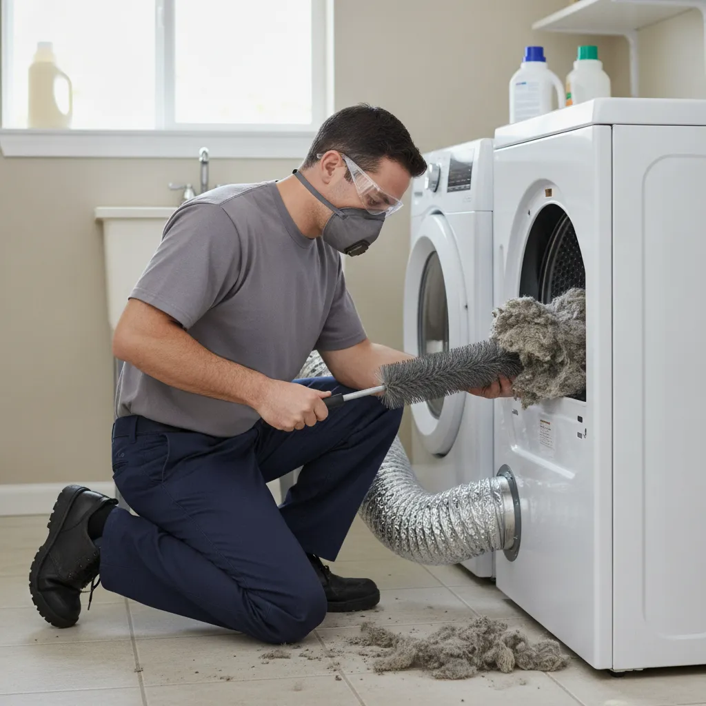 Technician cleaning lint from a home dryer vent line