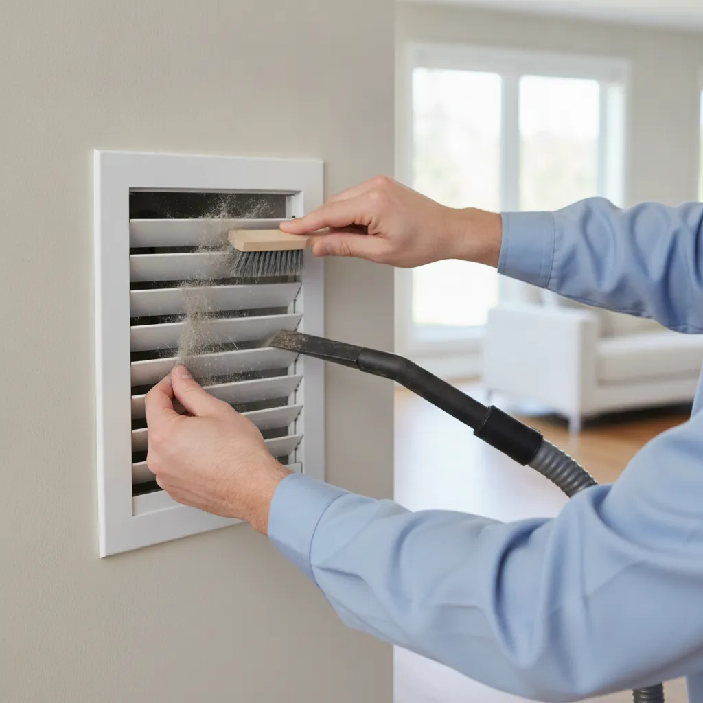 Technician cleaning a return air vent in a Dallas commercial building